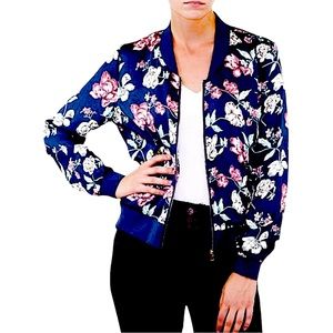 Indera size medium blue floral silky bomber jacket zip pockets thin material EUC